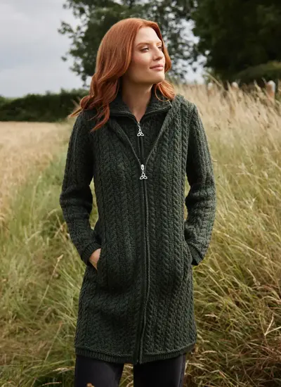 Fiadh Double Layer Hooded Aran Coatigan in Army Green Cable Trinity Knot Zipper